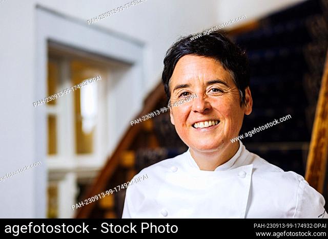 PRODUCTION - 31 August 2023, Baden-Württemberg, Sulzburg: Douce Steiner stands in her two-star Hirschen restaurant. According to the Federal Statistical Office