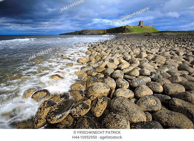 Castle, Dunstanburgh Castle, England, rock, cliff, Great Britain, Europe, coast, sea, Northumberland, ruins, summer, stones, beach, seashore, water, wave