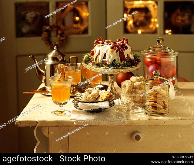 Winter buffet of apple punch, cakes and biscuits