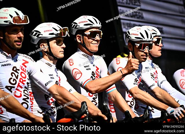 Luxembourgish Bob Jungels (C) of AG2R Citroen pictured at the start of the 86th edition of the men's race 'La Fleche Wallonne'