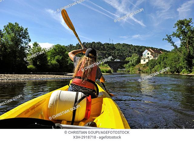 canoeing on the Sioule River near Menat, Puy-de-Dome department, Auvergne-Rhone-Alpes region, France, Europe