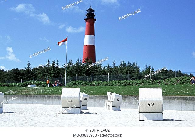 Germany, Schleswig-Holstein, island  Sylt, Hörnum, coast, lighthouse, beach,  Wicker beach chairs, human-empty,  Northern Germany, North Frisian islands