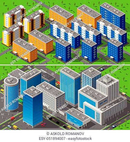 Modern city business center buildings and residential area apartments isometric horizontal banners composition abstract isolated vector illustration