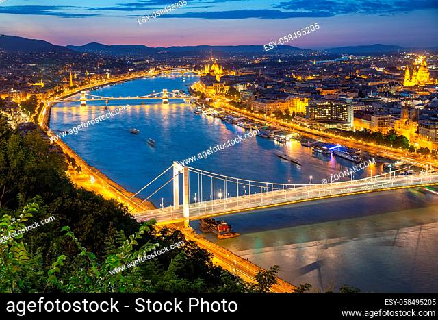 Aerial cityscape Budapest with Elizabeth Bridge and Chain Bridge over Danube