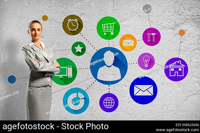 Businesswoman and color application icons at background