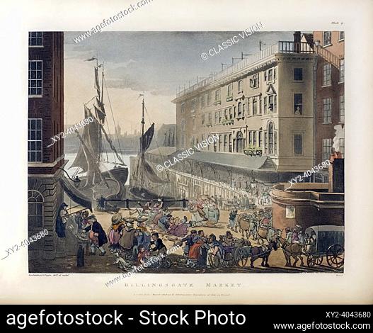 Billingsgate Market. Circa 1808. After a work by August Pugin and Thomas Rowlandson in the Microcosm of London, published in three volumes between 1808 and 1810...