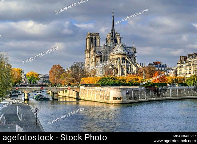 Seine and Cathedral Notre Dame, Paris, Ile de France, France