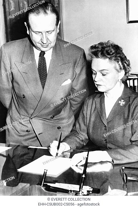 Secretary of Health Education and Welfare, Oveta Culp Hobby, April 12, 1955. She signed licenses for six drug firms to make and distribute Salk polio vaccine