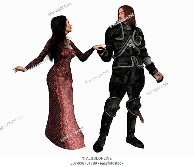 Armoured knight and lady in Mediaeval dress, holding hands, 3d digitally rendered illustration