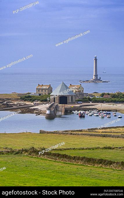 Phare de Goury lighthouse and lifeboat station in the port near Auderville at the Cap de La Hague, Cotentin peninsula, Lower Normandy, France