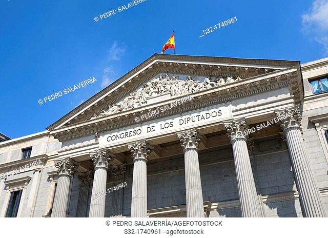 view of the main facade of the Spanish parliament, Congreso de los Diputados, Madrid, Spain