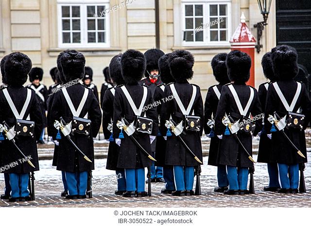 Changing of the guard ceremony in front of the Royal Palace Amalienborg with the Royal Life Guards