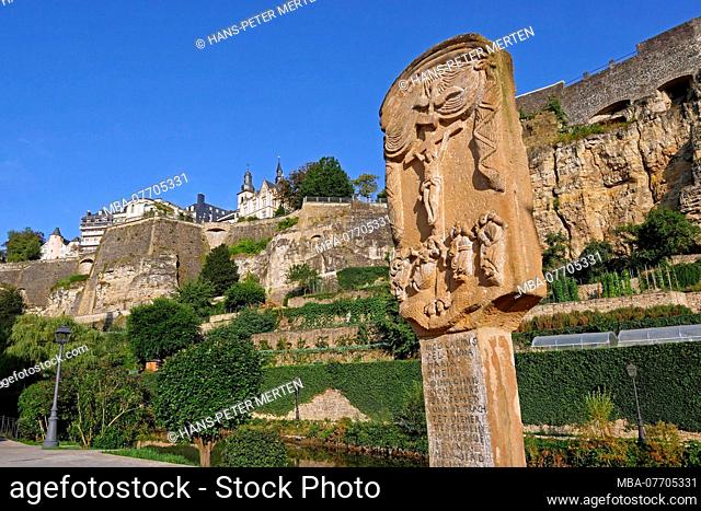 Lower Town Grund and the Bock with casemates, at the river Alzette, Luxembourg City, Grand Duchy of Luxembourg