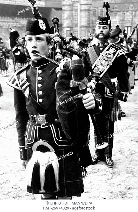Twelve-year-old bagpiper Angus Ingram (l) during the rehearsal for the British Berlin Tattoo on the 22nd of October in 1979