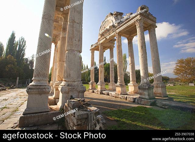View to the Tetrapylon, the monumetal columnar entrance to the sanctuary of Aphrodite, Aphrodisias Archaeological Site, Geyre, Aydin Province, Asia Minor