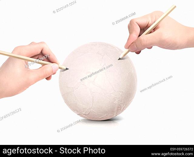 Two hand drawing map on paper ball on white background