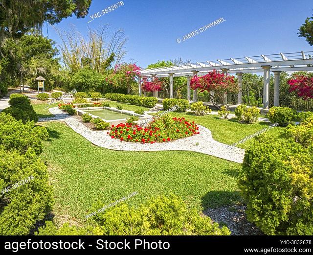Sunken Garden and Pergola at historic Spanish Point museum and environmental complex in Osprey, Florida. USA