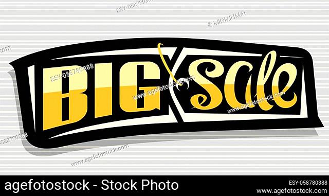 Vector banner for Big Sale, dark decorative pricetag for black friday or cyber monday sale with unique handwritten lettering for words big sale on grey striped...