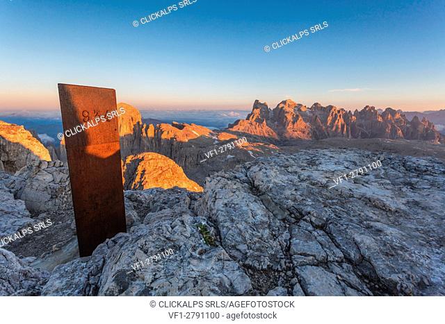 Europe, Italy, Trentino, Trento. Sunrise from the summit of Fradusta, Pale di San Martino, Dolomites