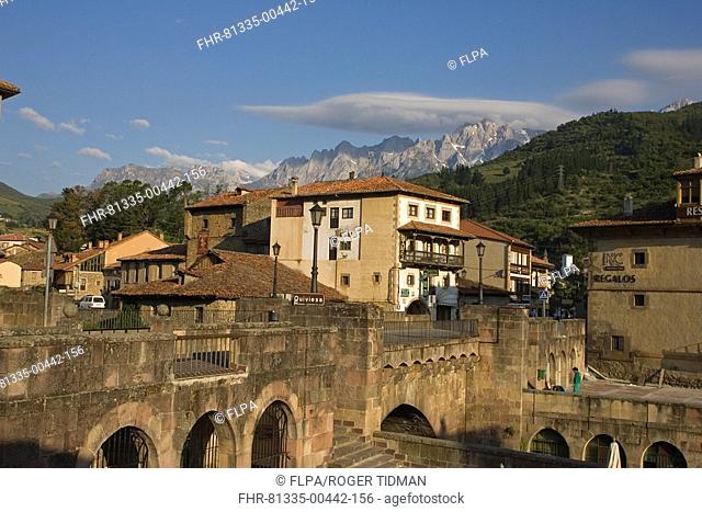 View of town and mountains, Potes, Picos de Europa, Liebana, Cantabria, Spain