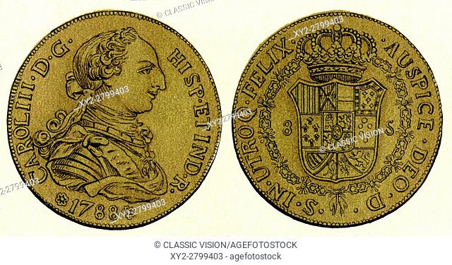 A 1788 Spanish gold 8-doubloon coin, or piece of eight, showing the head of the Spanish king Charles III, 1716-1788. From Enciclopedia Ilustrada Segui