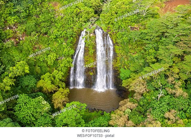 USA, Hawaii, Kauai, Wailua State Park, Opaekaa Falls, aerial view