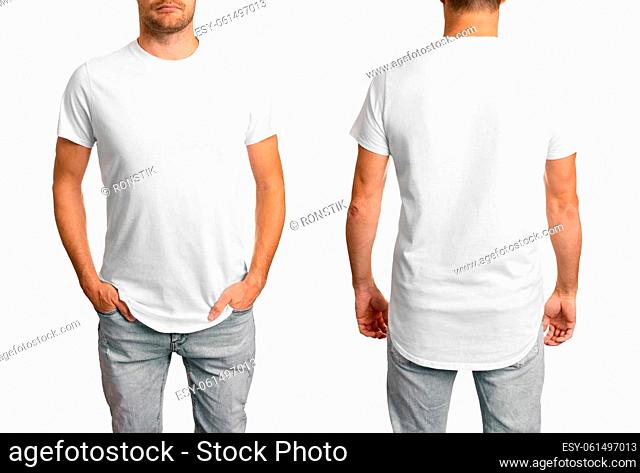 man in white blank t-shirt. front and back mockup template for design. isolated on white background