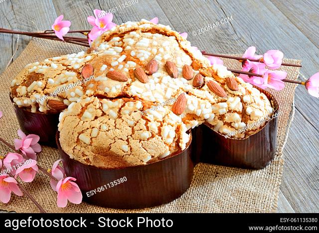 sweet easter cake called colomba made with almond and sugar