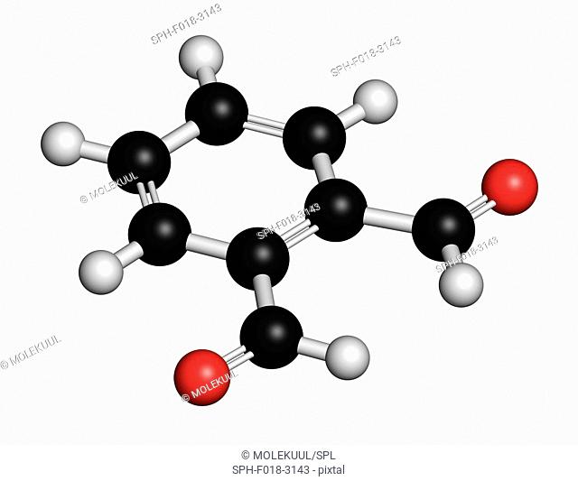 Phthalaldehyde (ortho-phthalaldehyde, OPA) disinfectant molecule. 3D rendering. Atoms are represented as spheres with conventional colour coding: hydrogen...