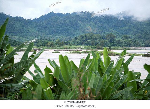 the landscape of the mekong river on the road fron the Town Nong Khai to the town of Chiang Khan in Isan in north east Thailand