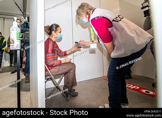 Dr. Venetia Andreakos pictured during the vaccination with the AstraZeneca vaccine of healthcare workers at the vaccination centre in Antwerp