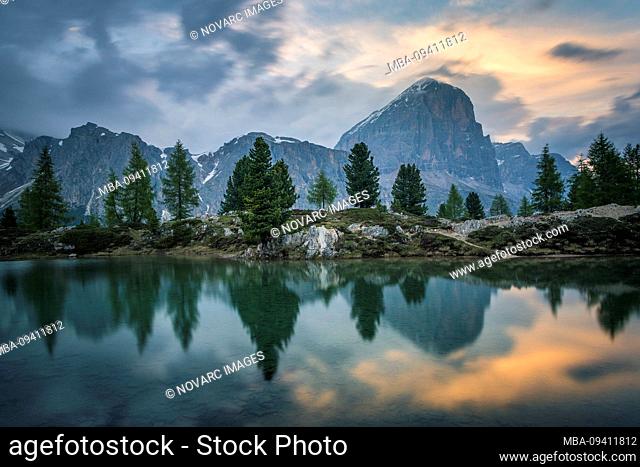 Sunset with view of Lago di Limides and the Tofane, Dolomites, Italy