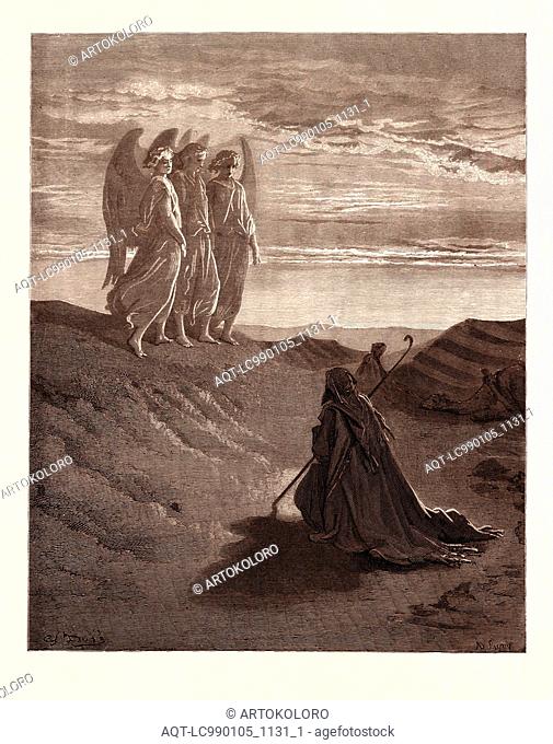 ABRAHAM AND THE THREE ANGELS, BY GUSTAVE DORÉ. Dore, 1832 - 1883, French. Engraving for the Bible. 1870, Art, Artist, holy book, religion, religious