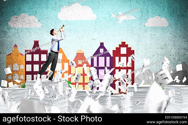 Businessman playing fife while standing among flying papers with drawn cityscape on background. Mixed media