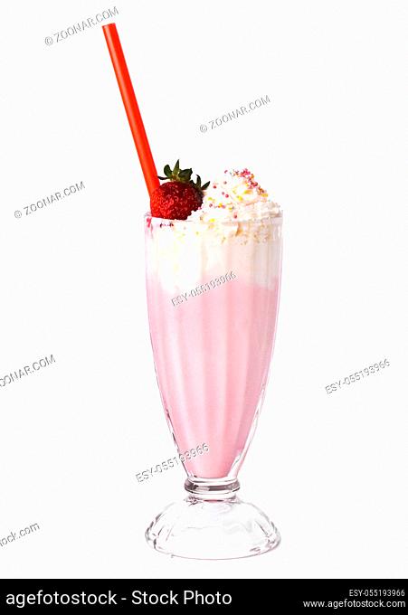 Delicious strawberry milkshake on a white background