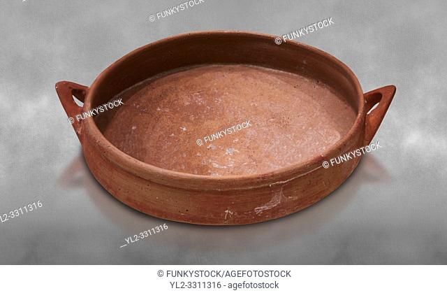 Hittite terra cotta bowl. Hittite Old Period, 1650 - 1450 BC. Hattusa BoÄŸazkale. Çorum Archaeological Museum, Corum, Turkey. Against a grey bacground