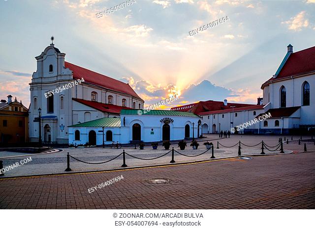 MINSK, BELARUS - 15/04/2018: Liberty Square in the Upper City in the early morning, old buildings in the historic center of the city, editorial