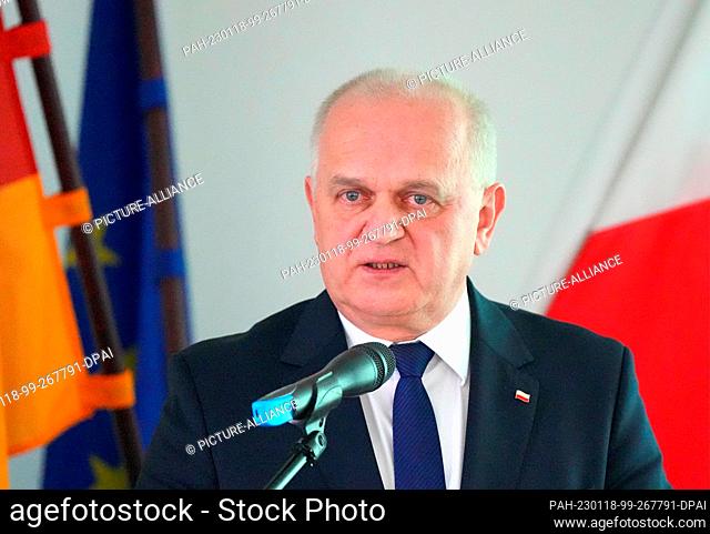 18 January 2023, Poland, Slubice: Wladyslaw Dajczak, Voivode of the Lubuskie Voivodeship, speaks during the festive event marking the 15th anniversary of the...