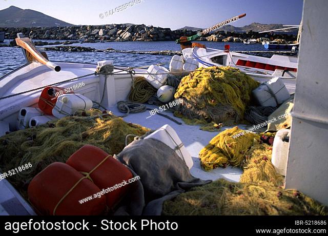 Nets on fishing boat, Naoussa, Paros, Cyclades, Greece, Nets on fishing boat, Naoussa, Paros, Cyclades, Greece, Europe