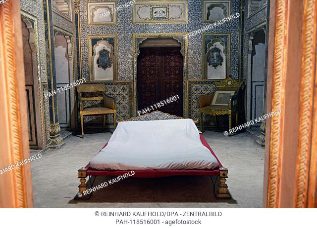 Bedroom of the Maharajah's wife in the city palace ""Junagarh Fort"" (1588) in Bikaner in North India, added on 05.02.2019 | usage worldwide