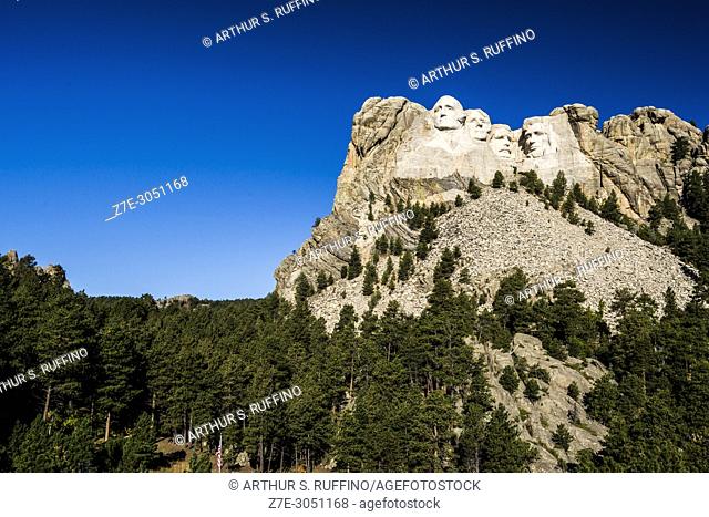 View of Mount Rushmore from Grand View Terrace. Mount Rushmore National Memorial featuring a 60-foot granite sculpture of the faces of four presidents: George...