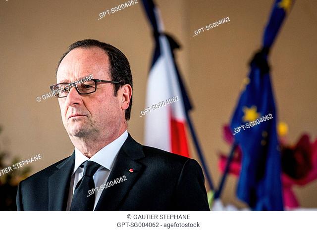 FRANCOIS HOLLANDE, PRESIDENT OF FRANCE, PAYING RESPECTS AT THE MORTUARY FOLLOWING THE CRASH OF GERMANWINGS AIRLINE'S AIRBUS A320, LE VERNET