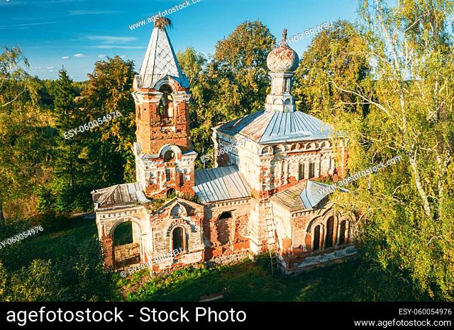 Martinovo, Beshenkovichsky District, Vitebsk Region, Belarus. Bird's-eye View Of Church Of The Intercession Of The Most Holy Theotokos