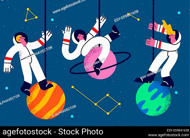Astronauts and spacemen during work concept. Group of three young cosmonauts in suits levitating in space near planets and galaxies around vector illustration