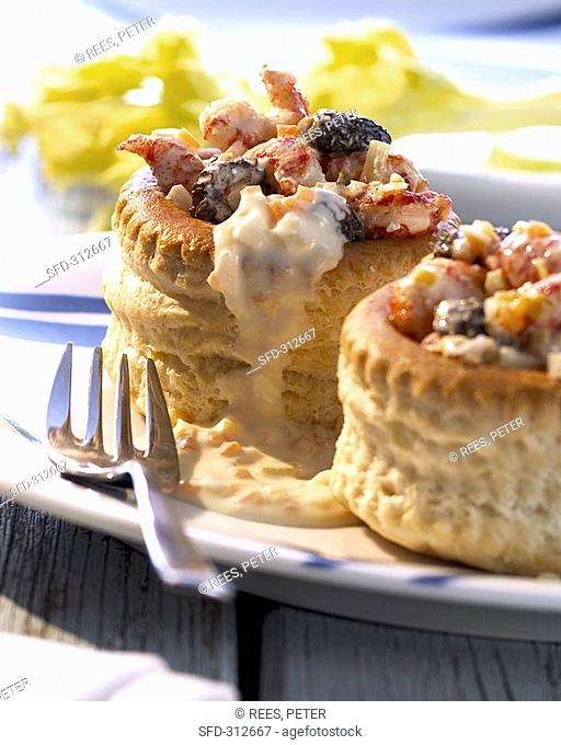Puff pastry shells with crab ragout and morels