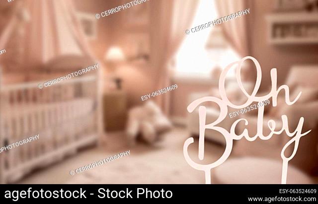 Oh baby text in pink, Its a Girl pink theme Baby Shower or Nursery background with decorated on pink background.cute and cozy child room interior pink with toys...