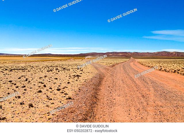 Bolivian dirt road perspective view, Bolivia. Andean plateau view