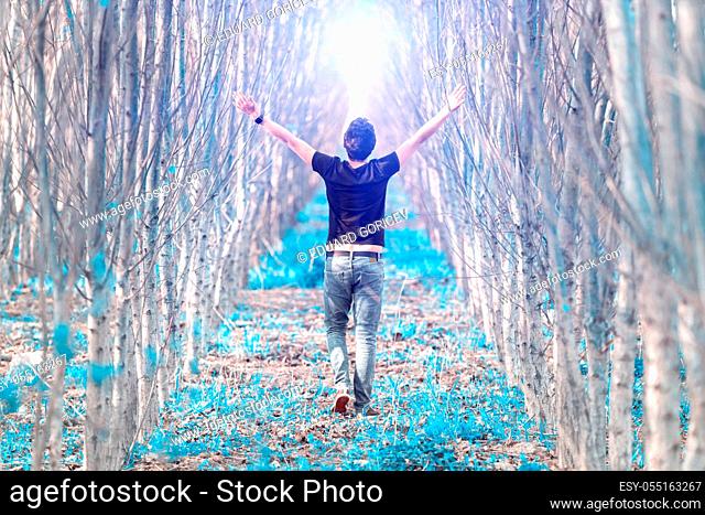 a happy man in a fairy forest runs against the light