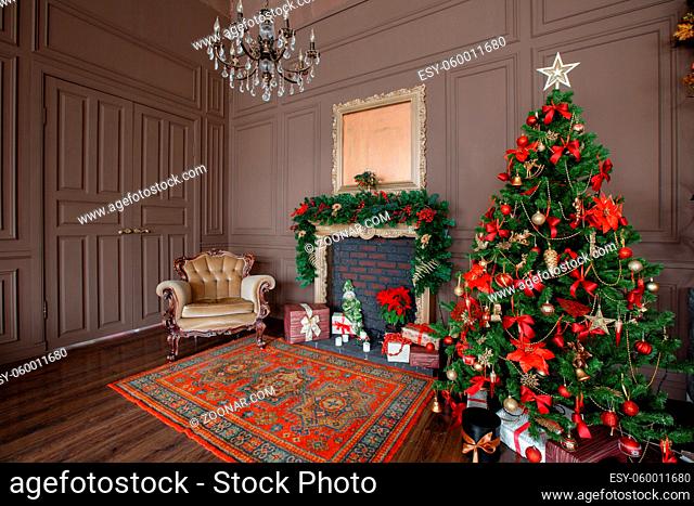 Calm image of interior Classic New Year Tree decorated in a room with a fireplace