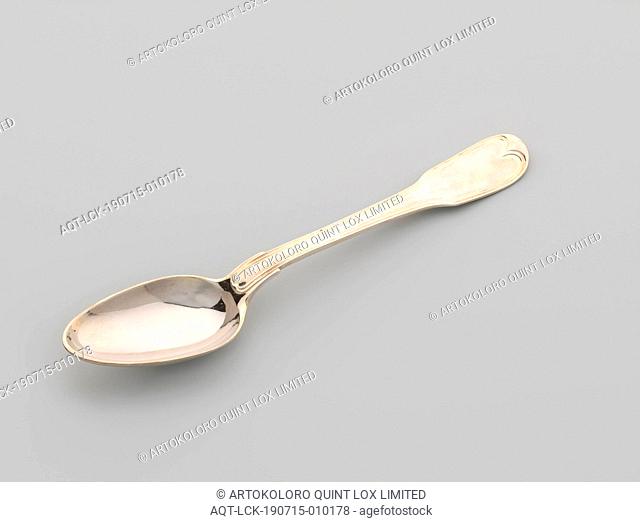 Dessert spoon with the helmet sign Clifford, The egg-shaped bowl of the spoon has a narrowed end and is connected on both top and bottom by means of a single...